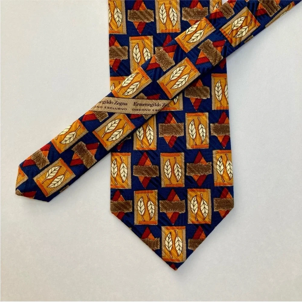 ERMENEGILDO ZEGNA Blue & Orange Autumn Flora Geometric Classic All Silk Tie